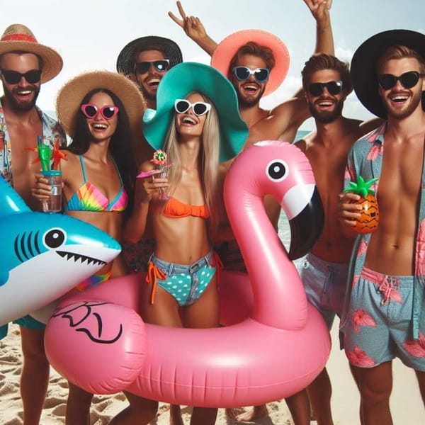 Group of friends enjoying the beach while wearing sun-protective clothing and accessories.