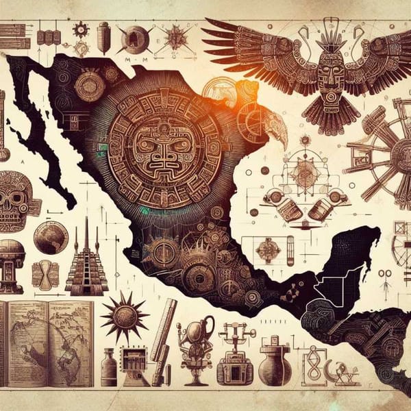 Map of Mexico with Aztec symbols and scientific equipment.