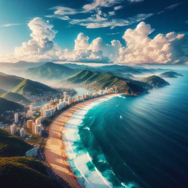 A panoramic photograph of Acapulco, Mexico, capturing the turquoise waters of the Pacific Ocean.