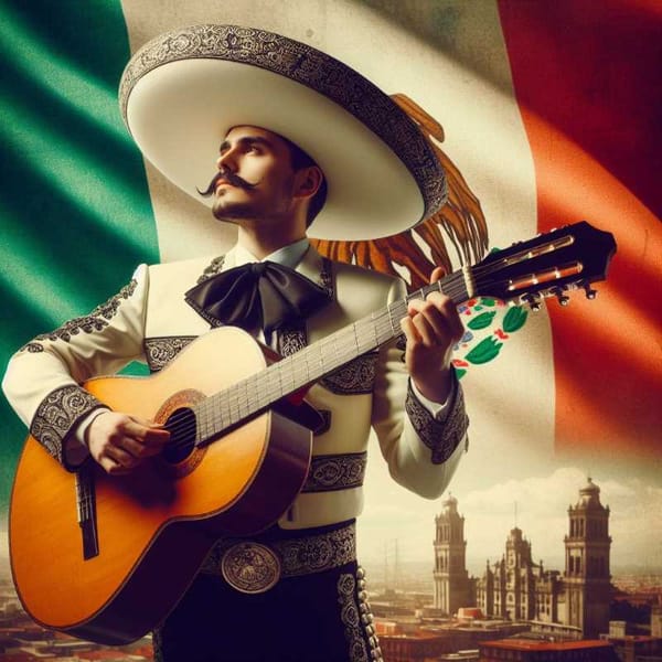 A photo of a mariachi guitarist in traditional clothing, standing against a background of the Mexican flag.