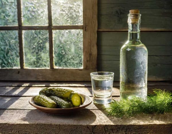 A chilled bottle of vodka, a frosted glass filled with neat vodka, and a small plate of sliced dill pickles.