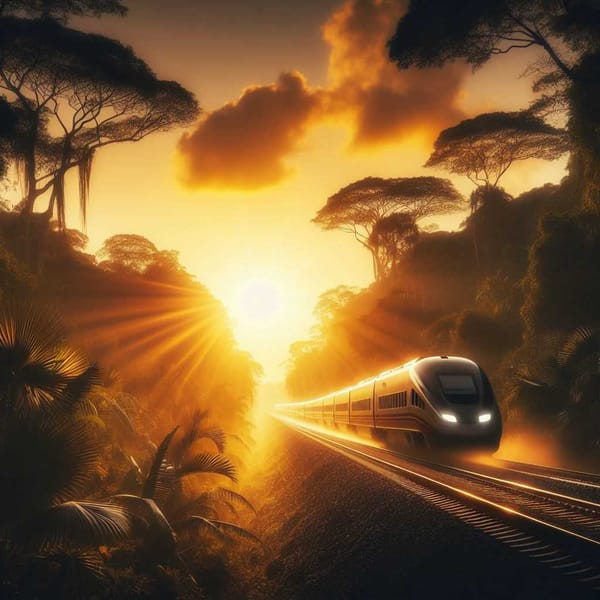 Mayan Train silhouette gliding through lush Mayan jungle with sunset.