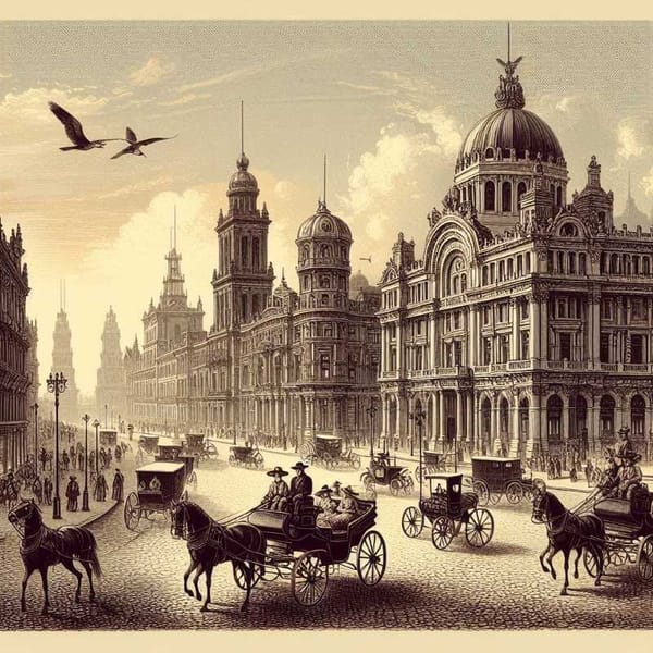 Illustration of 19th century Mexico City, showcasing vibrant streets and architectural details.