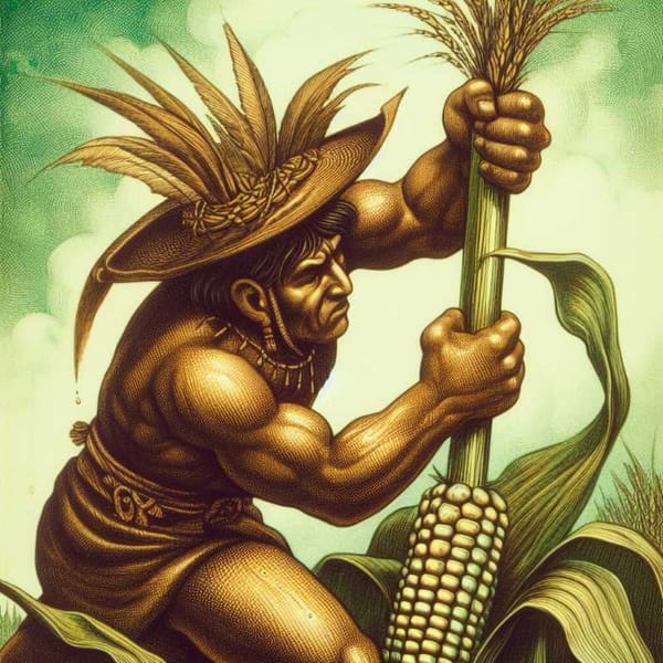 An Aztec farmer wrestles with a stubborn stalk, sweat glistening under the watchful gaze of Popocatépetl.