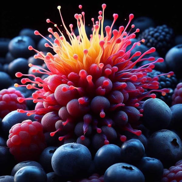 Close-up photo of a colorful berry with droplets of water, representing quercetin's natural source in fruits.