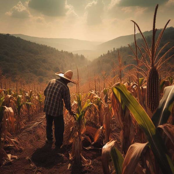 Farmer tending to native corn crops, a resilient symbol of tradition and sustainability in Mexico.