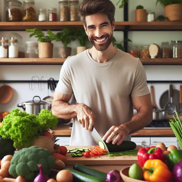 Man chopping vegetables in kitchen, smiling, surrounded by colorful vegetables and fruits.