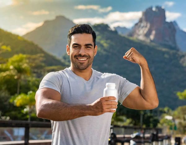 Man looking confident with supplement bottle, representing empowered men embracing self-care.