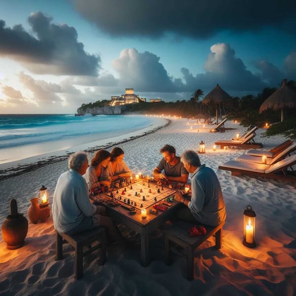 People playing board games by candlelight on a beach, with the Tulum skyline in the background.