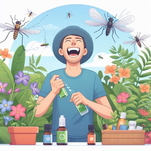 Person laughing and swatting at mosquitoes, surrounded by plants with essential oils.
