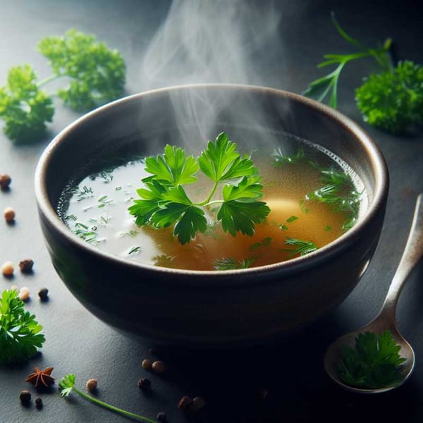 Steaming bowl of consommé, garnished with a sprig of parsley.