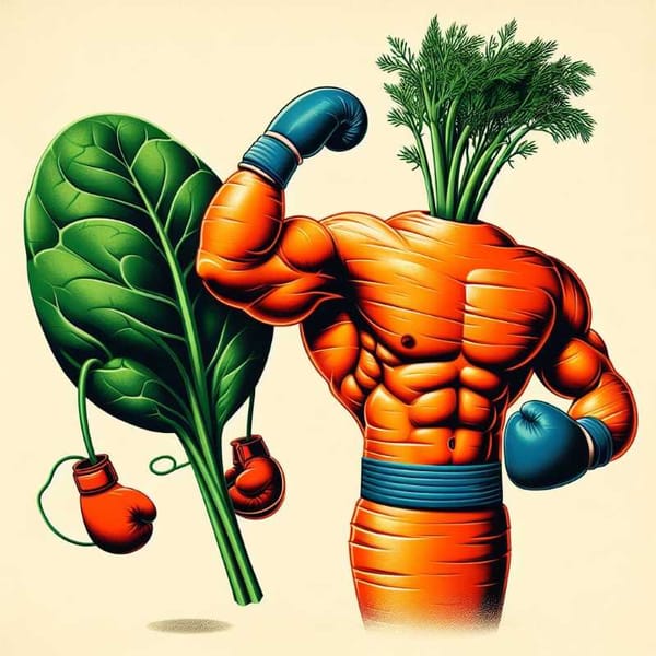 Superimposed illustration of a carrot flexing its muscles next to a spinach leaf wearing boxing gloves.