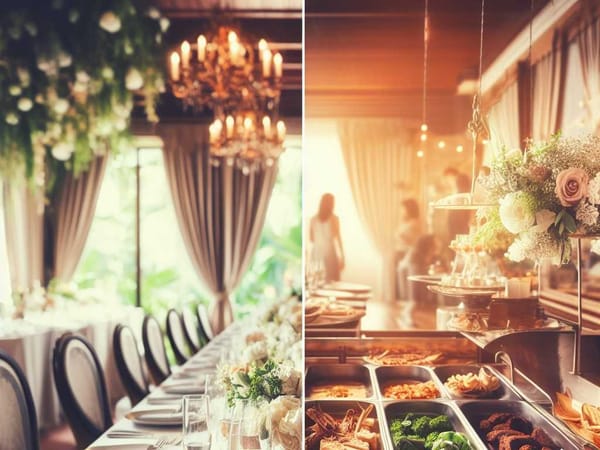 A split-screen image showing a formal table setting on one side and a relaxed buffet scene on the other.