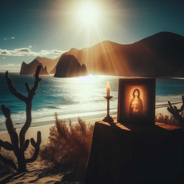 A lone candle illuminates a missing person's portrait against the backdrop of Baja's sparkling sea.