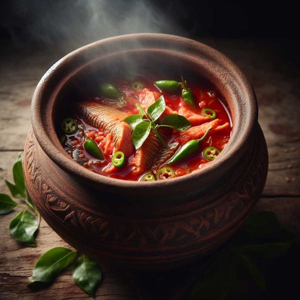 Close-up photo of a clay pot with chirmol stew, featuring pejelagarto fish, chilies, and chaya leaves.