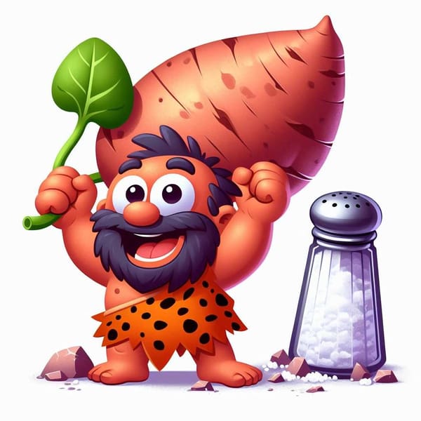 Cartoon caveman celebrating sweet potato, symbolizing potassium's importance for blood pressure.