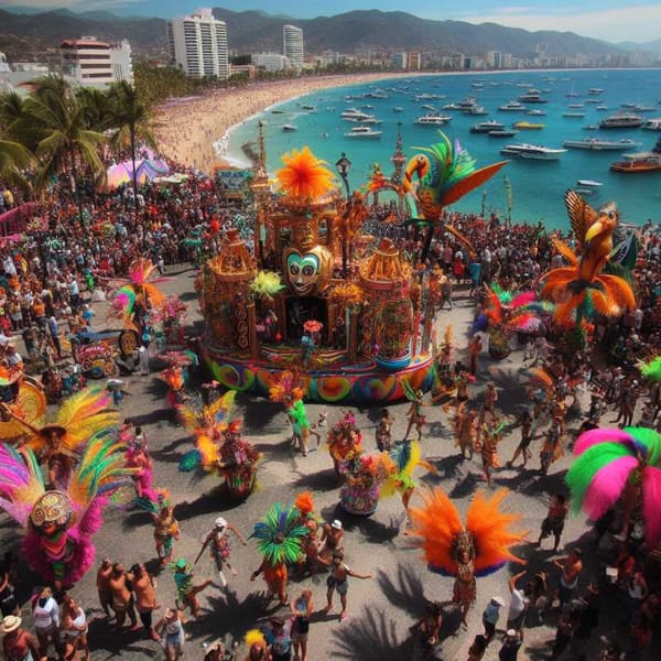 Revelers dance to diverse rhythms at Puerto Vallarta's Carnival against the backdrop of Banderas Bay.