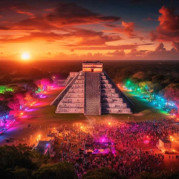 As the sun dips below the horizon at Chichen Itza, the Mayan ruins come alive with the pulsating energy of a festival.