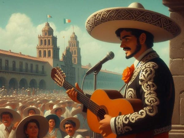 A troubadour strums a guitar, singing a corrido to an attentive audience.