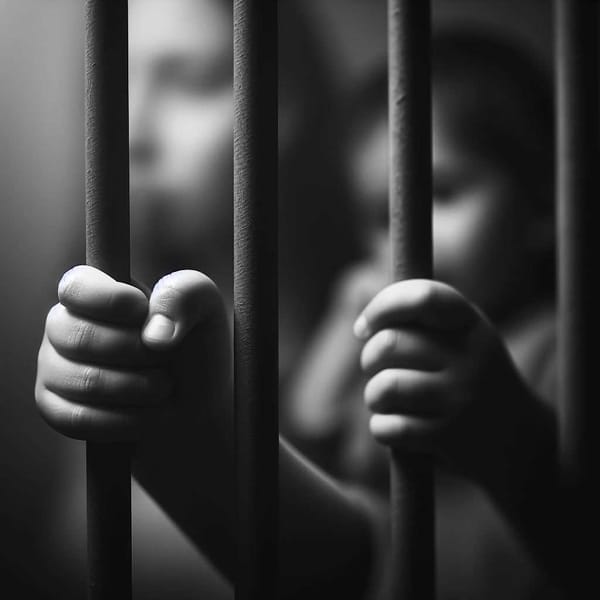 A black and white image of a young child's hand clutching prison bars.