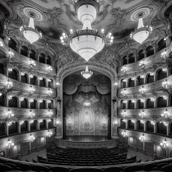 A black and white photo of a lavishly decorated theater interior with ornate balconies and chandeliers.