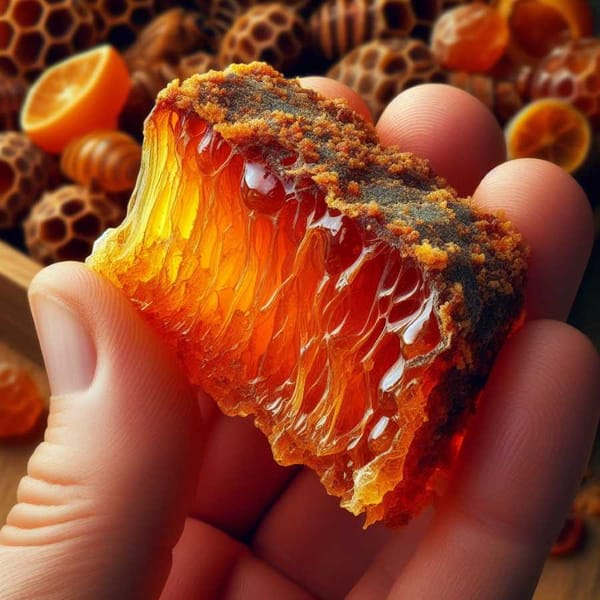 Raw propolis with a resinous texture and golden brown color, showcasing its natural origins.