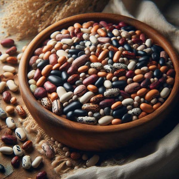 A close-up photo of various dried beans in a rustic bowl, showcasing their different colors and textures.