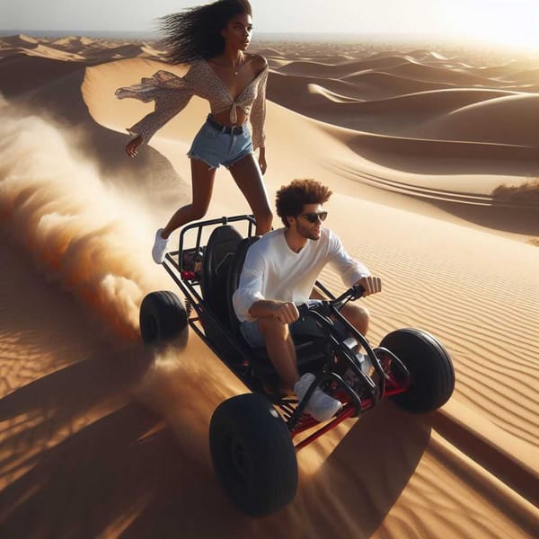 A couple in a dune buggy speeding across desert sand dunes, leaving a trail of dust behind them.