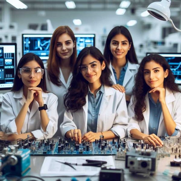 Women scientists work together in a modern laboratory filled with computers and electronic equipment.