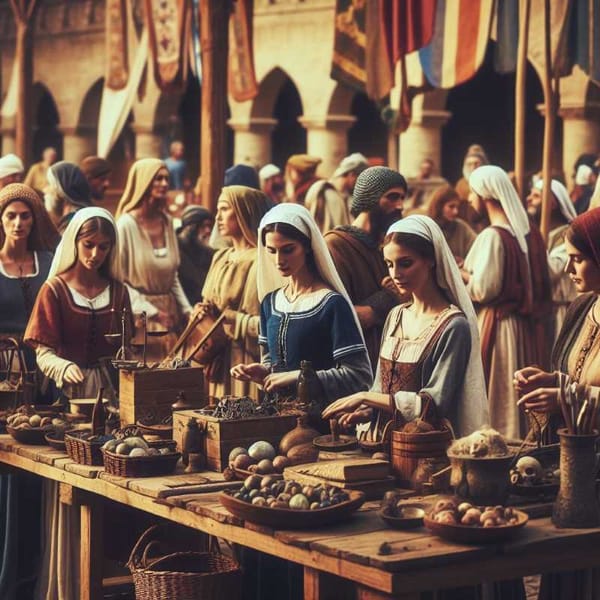 A diverse group of medieval women engaged in commerce at a lively marketplace.