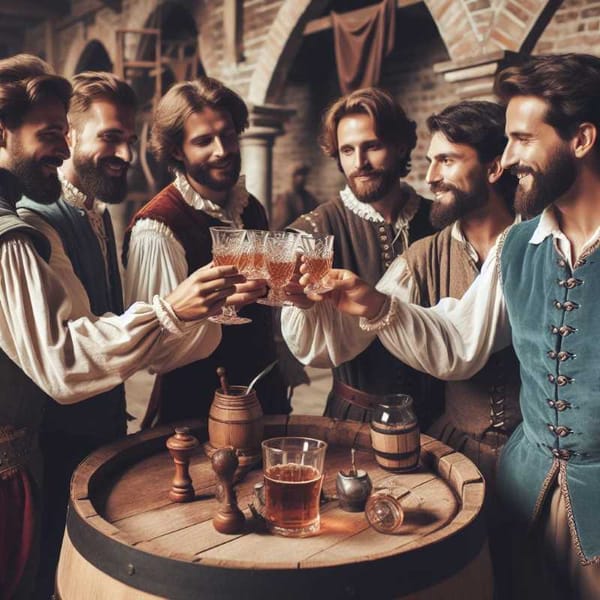Early Canadian whisky distillers, likely of English origin, raise a glass of their creation.
