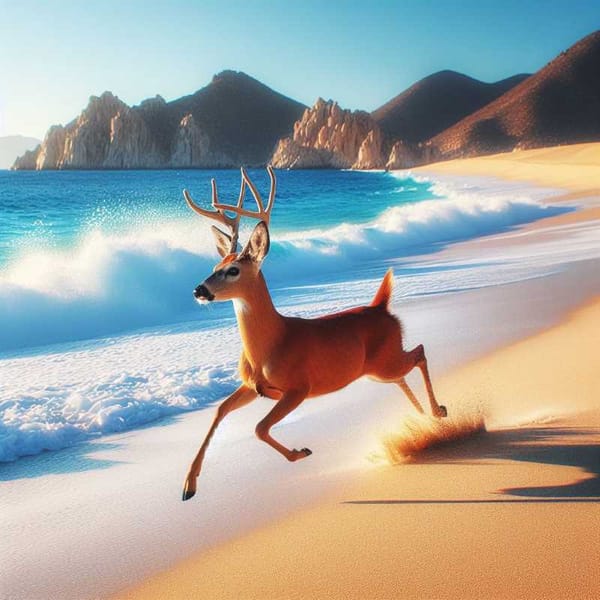 A deer runs along a sandy beach in Los Cabos, Mexico, with turquoise waves in the background.