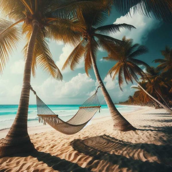  A photo of a Tulum beach with white sand, turquoise water, and a hammock for relaxing.
