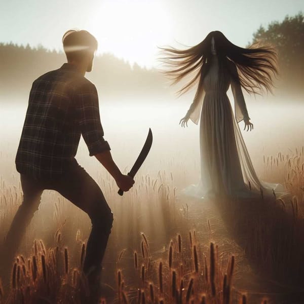 A man holding a machete confronts a ghostly woman with flowing black hair in a sunlit, misty field.
