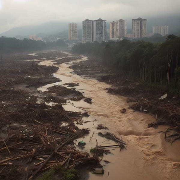 A muddy river carries debris through a deforested landscape, with buildings visible in the distance.