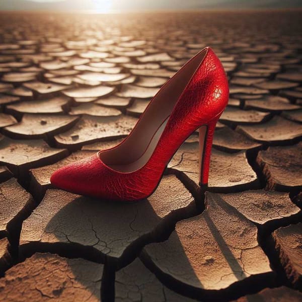 A red high heel shoe stands alone in a field of cracked earth, representing the challenges.