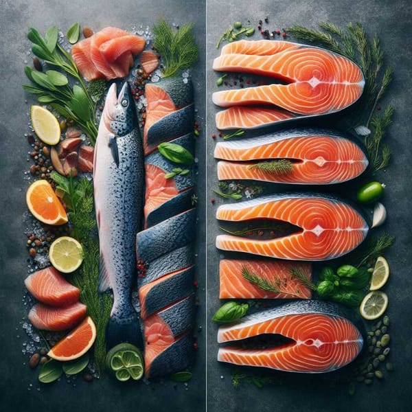 A side-by-side comparison of wild and farmed salmon fillets, highlighting their color and texture differences.