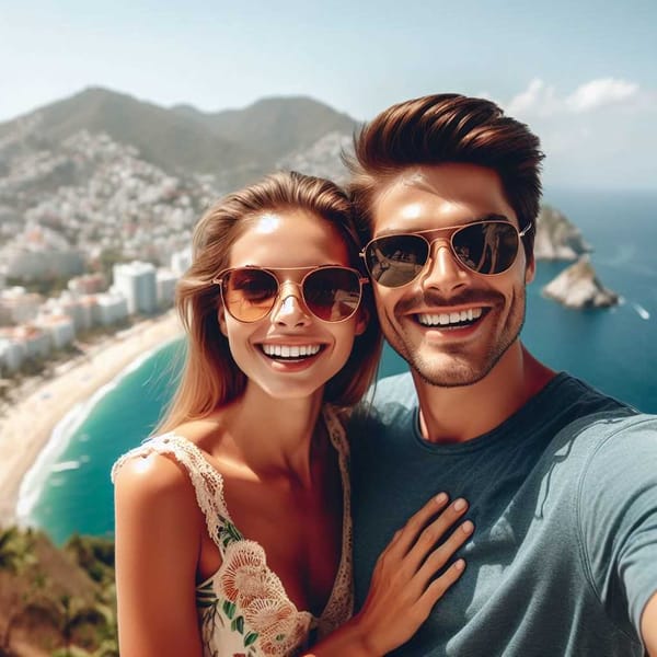 A smiling couple wearing sunglasses poses against a backdrop of Acapulco's scenic coastline.