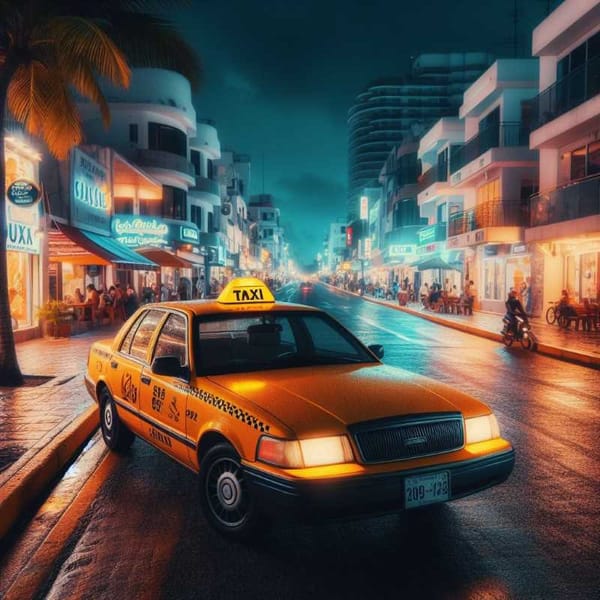 A yellow taxi on a Cancun street, representing the mysterious vehicle involved in the journalist's story.