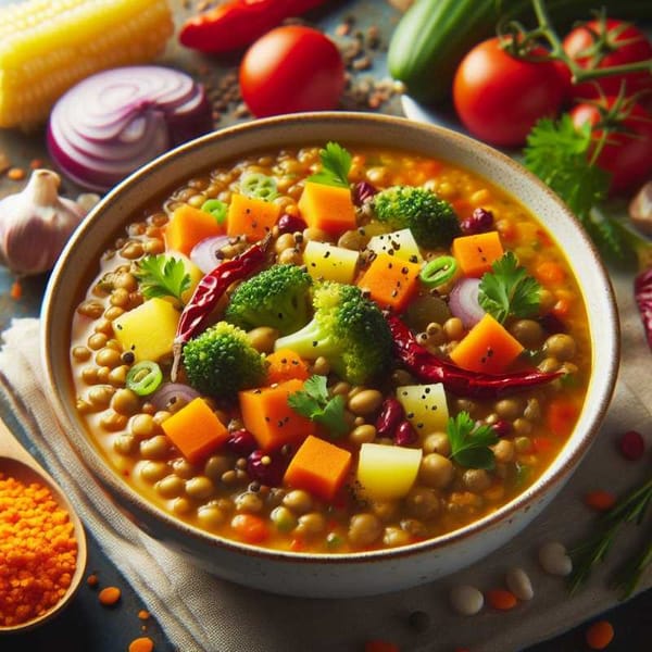 Close-up of a hearty lentil soup, showcasing its vibrant colors and healthy ingredients.