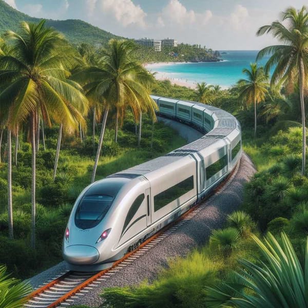 The New Mayan Train travels through tropical landscape near Playa del Carmen, Mexico.