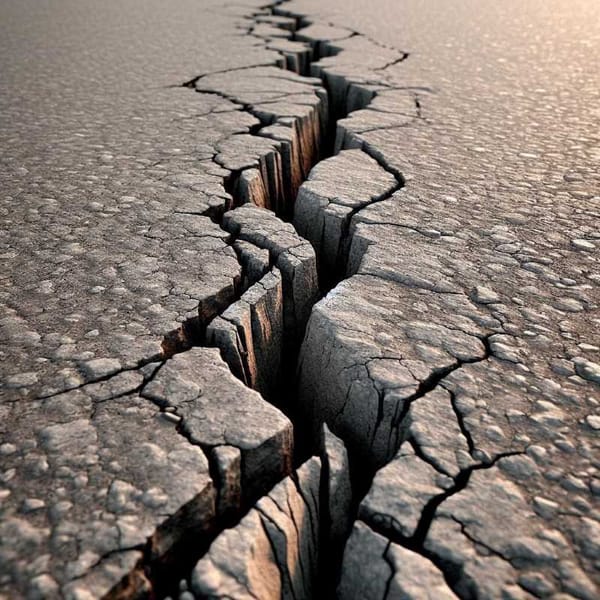 A close-up photograph of a long, jagged crack in the pavement, suggesting geological movement.