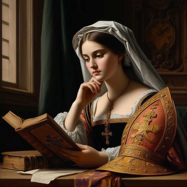 A painting of a woman in medieval clothing looking thoughtfully at a book.