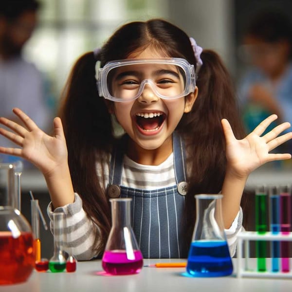 A young girl in safety goggles excitedly conducting a science experiment with colorful liquids in a laboratory.
