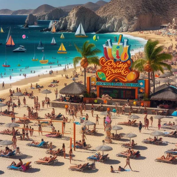 A vibrant Cabo San Lucas beach scene with tourists enjoying the sand and waves during Spring Break.