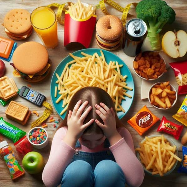 A child surrounded by a spread of ultra-processed foods including fries, a sugary drink, and packaged snacks.