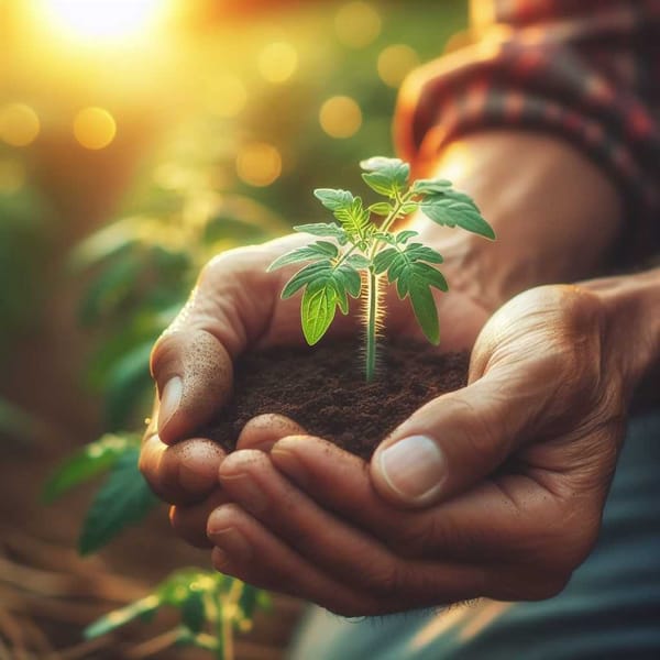 A close-up photo of a farmer's hand gently holding a lush tomato plant seedling.