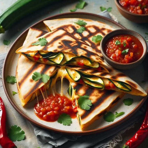 Crispy quesadilla stuffed with melty cheese, zucchini, and fiery salsa roja, garnished with cilantro and chili peppers.