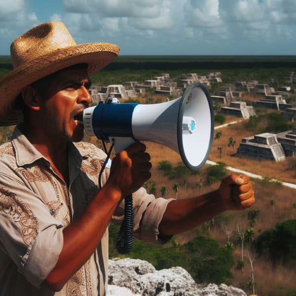 A Mayan landowner speaks into a megaphone, highlighting broken government promises.