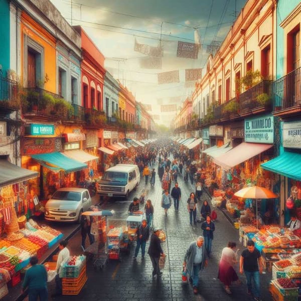 A vibrant Mexican street scene representing the potential impact of cannabis regulation on everyday life and commerce.